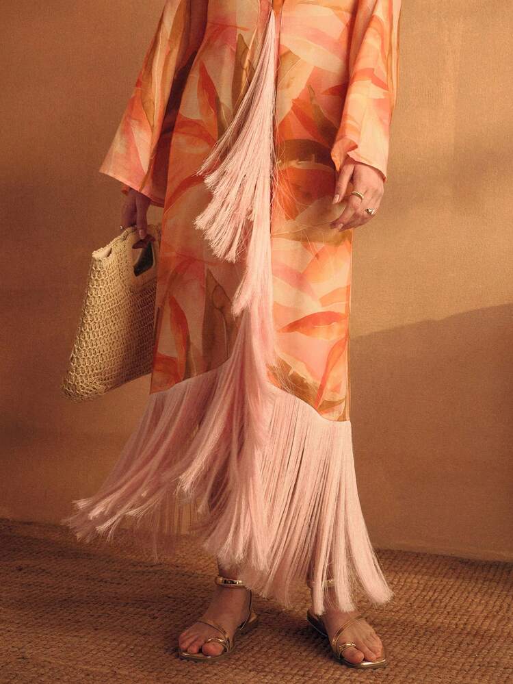 WOMEN'S LINEN PRINTED TASSEL ROBE, VACATION WEAR