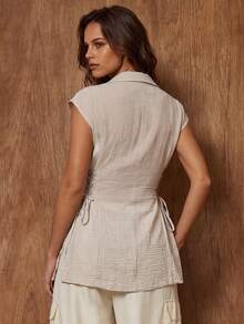 Women, Spring, Summer, Blazer, Travel, Vacation, Regular Fit, Regular Length, Short Slevee, - Beige - View 2