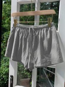 Pantalones cortos sólidos de mujer informales y sueltos con cordón, versátiles para uso diario - Gris - Ver 4