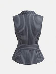 SHEIN Girlism Bộ đồ 2 mảnh dành cho nữ tuổi teen, áo blazer không tay cổ ve màu xám đậm kẻ sọc và quần dài, thích hợp cho các dịp trang trọng mùa hè, thanh lịch, tiệc tùng, hẹn hò, họp mặt gia đình quan trọng. - Màu xám đen - Xem 6