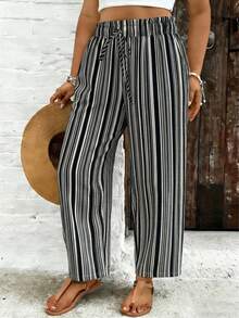 SHEIN VCAY Plus Size Women Striped Drawstring Waist Casual Versatile Daily Wear Pants - Black - View 6