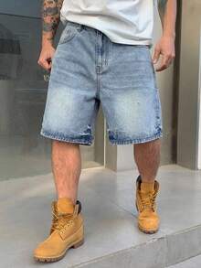 DAZY Quần short denim nam màu xanh nhạt, bạc màu, rách rưới, thích hợp cho mùa hè. - Màu xanh lam - Xem 5