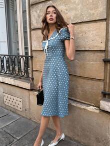SHEIN PariChic Damen Frühlings-/Sommerkleid mit Schleifchenkragen und Polka-Dot-Muster, kurzes Puffärmel-A-Linien-Kleid mit geraffter Taille, Sommer - Blau - Übersicht 3