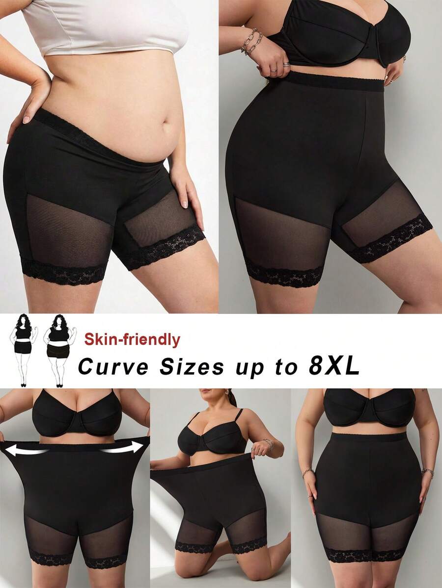 SHEIN CURVE+ 大码女式纯色网纱拼接高腰塑形短裤 / 2026新款 / 新年女式大码曲线服装 - 黑色 - 查看 1