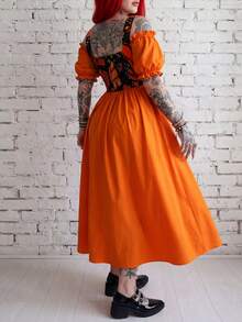 Whyspr Plus Size Punk Style Orange Patchwork Off-Shoulder Petal Sleeve Mini Dress, Spring/Summer - Orange - View 3