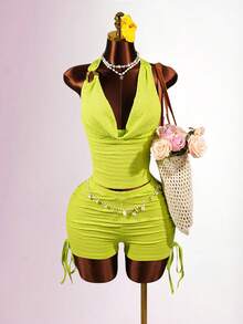 SaltGleam SaltGleam Women's Lime Green Summer 2-Piece Outfit, Draped Neck Metal Buckle Decor Top Drawstring Shorts Set, Fitted Stylish Pool Party Beach Resort Wear Sexy - Green - View 6