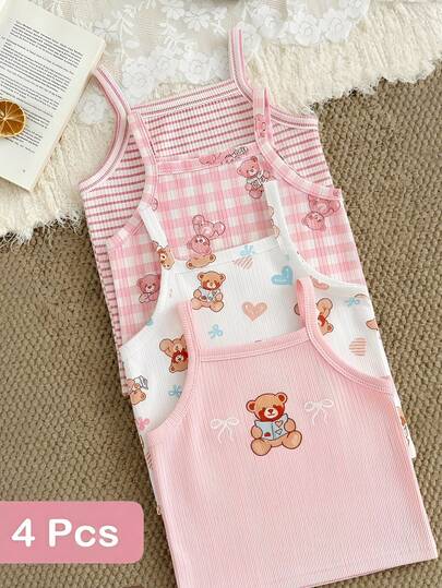 SHEIN 4pcs/Set Cute Bear Print Comfortable Versatile Tops For Baby Girls, Spring/Summer