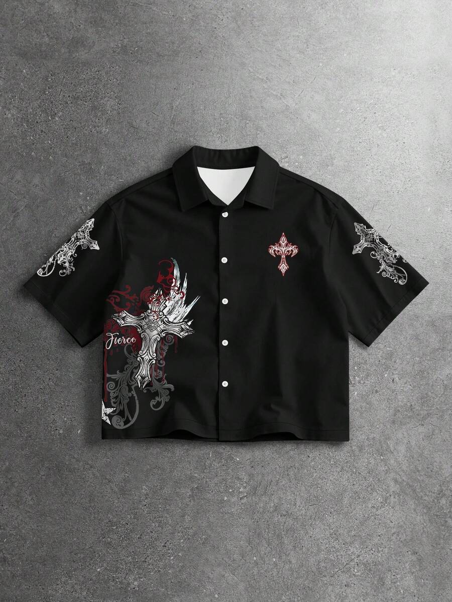ROMWE MEN Street Life Spring/Summer Casual Graphic Men'S Cross Print Short Sleeve Single-Breasted Casual Shirt - Multicolor - View 1