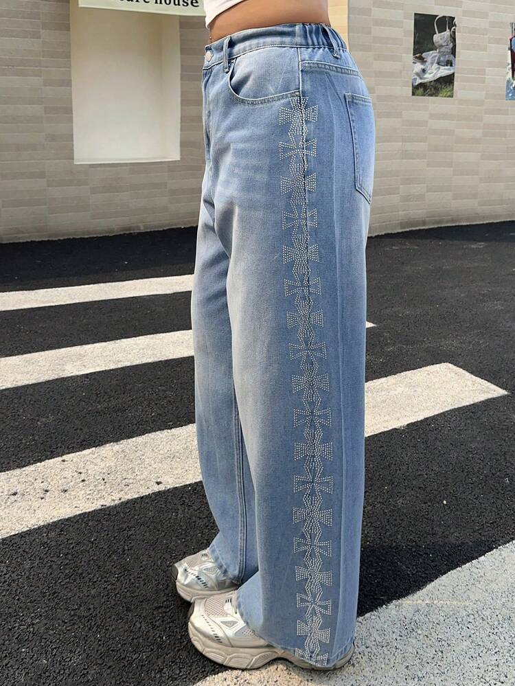 Dazy Plus Plus Size Women's Loose Fit Washed Denim Jeans With Bowknot And Rhinestone Side Seam Decor, Suitable For All Seasons