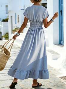 SHEIN Summer French Blue And White Stripe Midi Dress,Boho V-Neck Smocked Waist Short Sleeve Ruffle Hem Beach Vacation Holiday Sundress,Slim Fit Commute - Blue - View 2