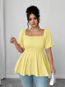 SHEIN Elenzya 大码时尚褶皱女式衬衫，方领优雅百搭修身时尚上衣 - 黃色 - 查看 4