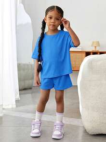 SHEIN 2pcs/Set Young Girl Knitted Solid Color Round Neck Loose Casual T-Shirt And Shorts - Royal Blue - View 5