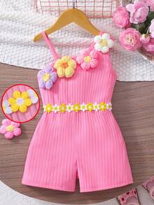 Elladie kids 1件装 女童甜美可爱彩色3D立体花卉装饰罗纹腰带连体裤，无袖不对称肩部设计，适合日常休闲及户外穿着，春夏款 - 粉色 - 查看 3