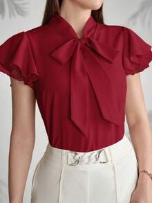 Modelyn Women's Solid Color Ruffled Tie Collar Short Sleeve Elegant Blouse - Burgundy - View 4