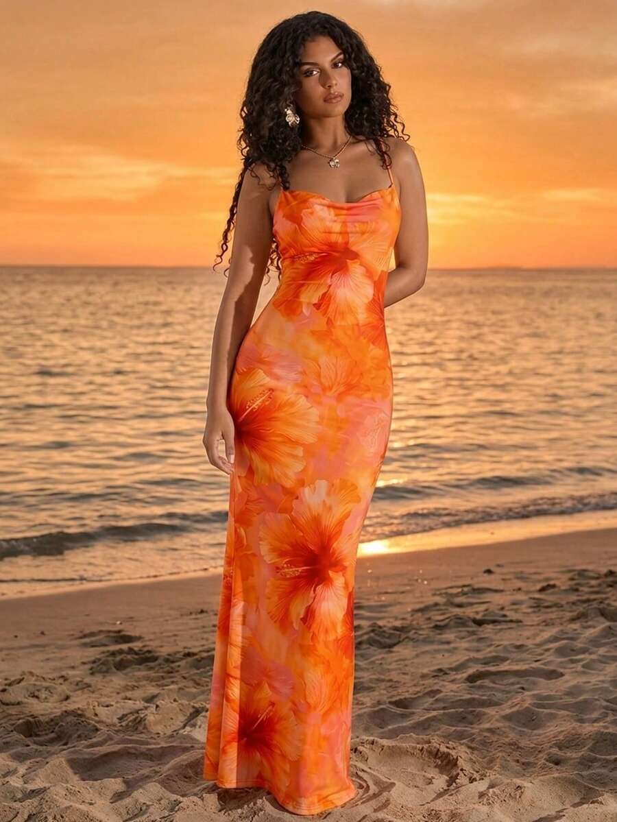 女士浪漫性感春夏波西米亚优雅复古橙色芙蓉花露背连衣裙 - 非常适合音乐节、海滩度假、春假、热带岛屿婚礼、周年纪念日等场合 - 彩色 - 查看 1