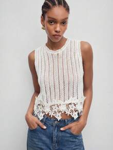 MAIJA Boho Striped Open Knit Lace Trim Sleeveless Vacation Tank Top - White - View 1
