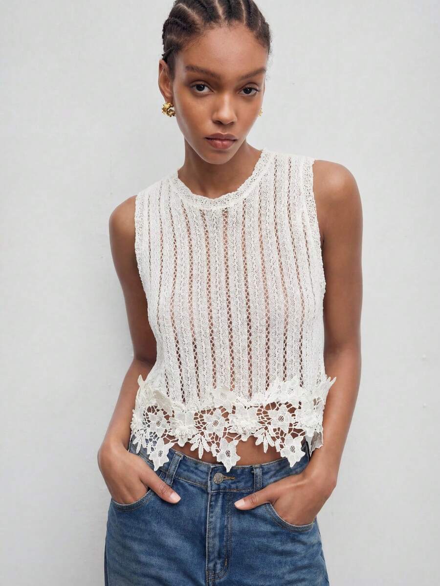 MAIJA Boho Striped Open Knit Lace Trim Sleeveless Vacation Tank Top - White - View 1