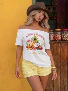 ROMWE Avant Watercolor Fruit Drink Tropical Leaves Hibiscus Floral Coconut Pineapple Pomegranate Loose Asymmetrical Shoulder T-Shirt Summer Golf White Sexy - White - View 3