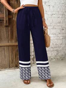 SHEIN Frenchy 休闲简约度假波西米亚风优雅复古藏蓝色印花图案沙滩装、度假装、女士夏季装、女士松紧腰休闲裤 - 彩色 - 查看 3