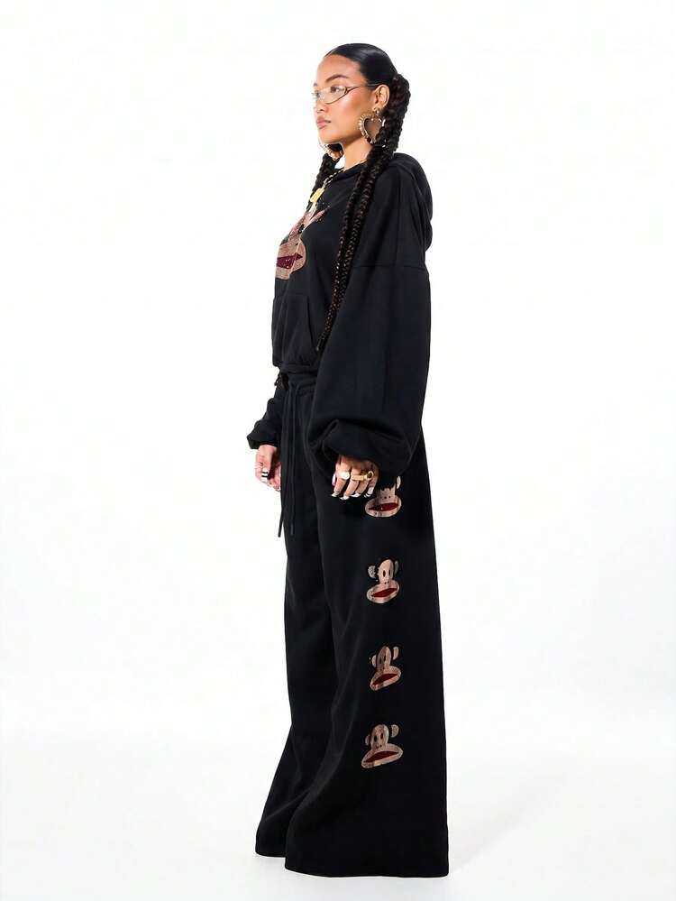 SUMWON X PAUL FRANK SUMWON WOMEN Oversized Graphic Joggers With Rhinestone Monkey Applique