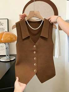 GlowEve CURVE 2026 Plus Size Women's Fashion Casual Simple Versatile V-Neck Brown Sweater Vest, Suitable For Everyday Wear. - Brown - View 1