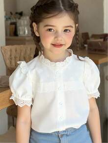 Souflis Souflis Tween女孩優雅可愛夏季白色韓式刺繡網紗短澎澎袖襯衫，適合返校季、派對、婚禮賓客穿著 - 白色 - 查看 4