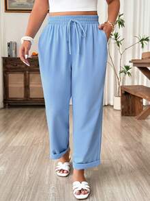 Weeklong Plus Size Solid Color Drawstring Waist Pocket Casual Pants, Suitable For Holiday Wear - Baby Blue - View 1