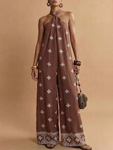 Zivah 2026 Spring/Summer New Music Festival, St. Patrick's Day, Valentine's Day, Date, Western, Nomadic Style, Birthday Party, Graduation, School, Daily Casual, Basic Matching, Leisure, Cruise Travel, Beach, Sunbathing, Viral, Streetwear, Wedding Guest, Boho, Commute, Brunch, Airport, Party, Holiday Outings, Office Wear, Leisure Vacation, Vintage, Olive Green Faux Embroidery Halter Backless Jumpsuit - Army Green - View 3
