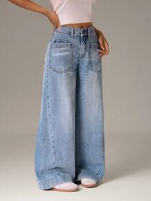 SHEIN PETITE 女士时尚口袋拉链百搭宽松阔腿牛仔裤 - 藍色 - 查看 4