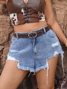 SHEIN Jeanoir Shorts vaqueros desgastados de talla grande, versátiles y de moda para el estilo Y2K - Azul lavado medio - Ver 8