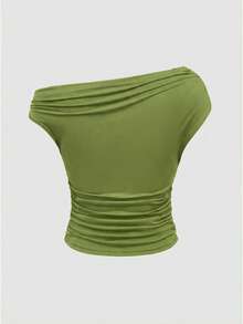 ROMWE Grunge Punk Y2K Shibuya Girl Midriff Cropped Ruched Asymmetric Shoulder T-Shirt - Green - View 2