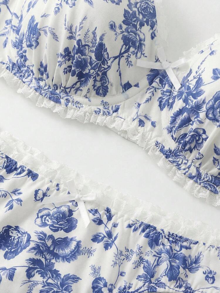 Blue Floral Print Lingerie Set With Lace Trim And Bow Details, Underwire Bra And Sexy Matching Panty Spring Summer French Style Parisian Style Blue And White Lingerie Bra And Panty Set Lingerie For Women