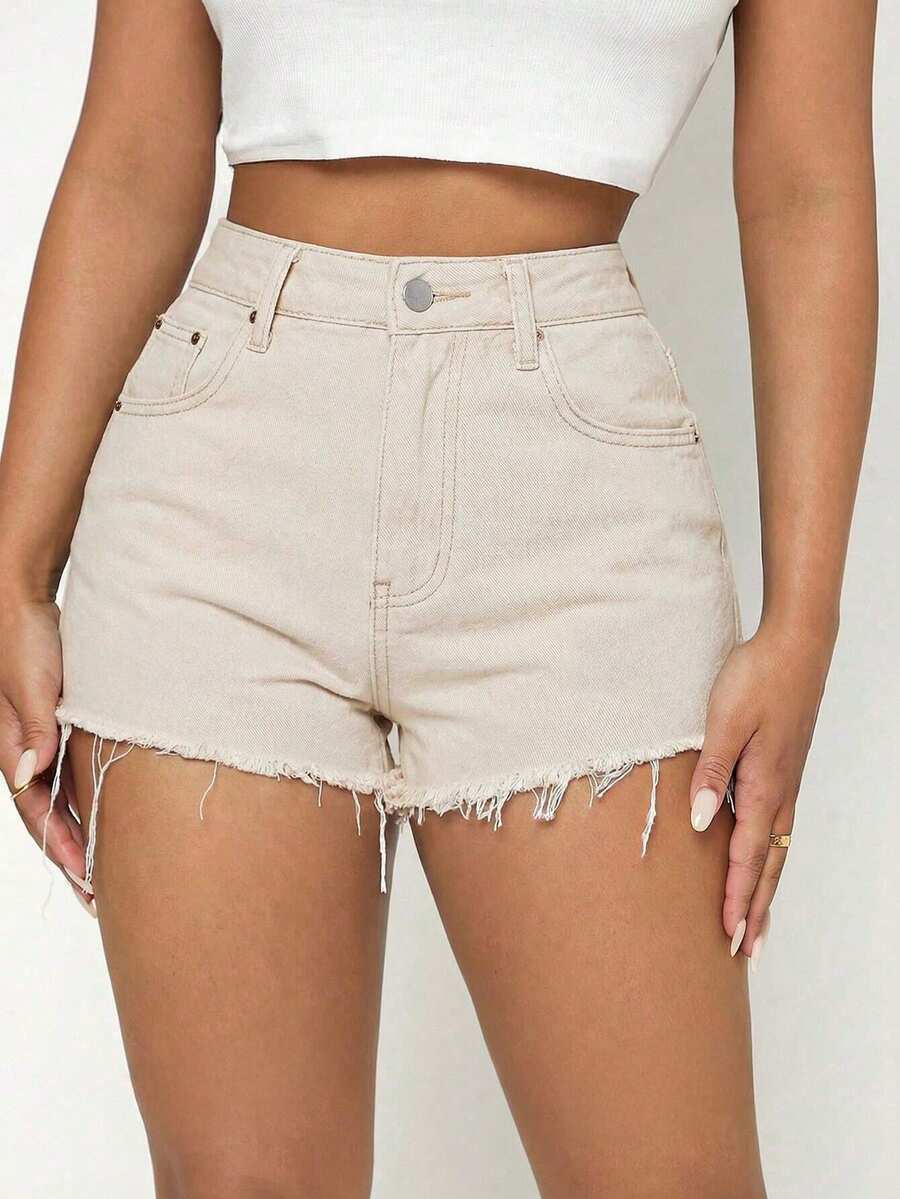 SHEIN PETITE 素色毛邊下擺腰帶環休閒夏季牛仔短褲 度假米色,小碼女款 - 杏色 - 查看 1