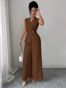 Elenzga Áo blazer cổ chữ V màu mơ trơn, thiết kế thắt eo, trang phục công sở thanh lịch, phù hợp cho công việc, họp hành, đi học, ngày lễ tình nhân, ngày lao động, lễ Phục sinh, du lịch, phong cách đường phố thường ngày, bộ jumpsuit mùa xuân/hè. - Cà phê nâu - Xem 6
