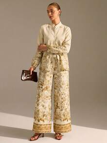CLARA VERO Floral Print Button Front Shirt And Wide Leg Pants Set, Loose Fit Perfect For Autumn Picnics, Vacation Days Or Relaxed Brunch Looks, Beige Elegant - Multicolor - View 4
