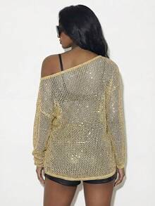 Femmeiva Hollow-Out Sequin Fashionable Pullover Sweater For Women - Butter Yellow - View 2
