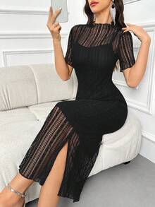 Feyla Contrast Lace Split Back Elegant Dress For Summer Long Evening Dresses - Black - View 3