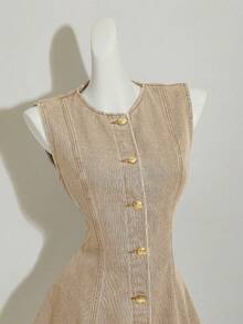 SHEIN MOD Đầm ngắn không tay bằng vải denim dành cho nữ, kiểu dáng ôm vừa vặn, màu xanh dương. - Màu Khaki - Xem 4