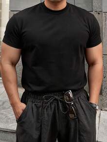 DAZY 男士加大码纯黑色圆领短袖T恤，夏季款 - 黑色 - 查看 7