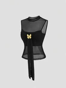 Sweetra Damen Gold Schmetterling Dekor ärmelloses kurzes Weste, Frühling/Sommer/Herbst - Schwarz - Übersicht 1