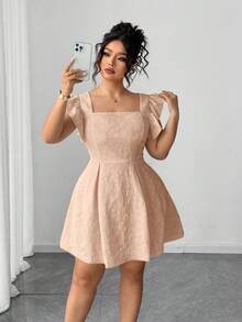 Elenzga Vestido elegante con volantes en el bajo, unicolor y jacquard, talla grande - Caqui - Ver 8