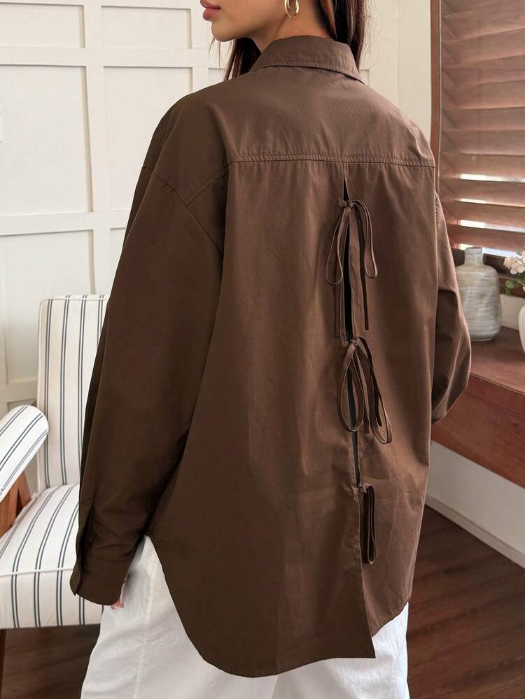 Solid Color Maternity Shirt With Turndown Collar, Bow Tie Back Design, Loose Fit Long Sleeve, Spring/Summer