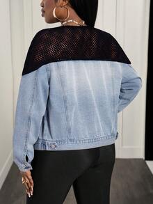 Slaydiva 女士时尚钩编薄纱拼接口袋纽扣长袖牛仔外套 - 黑色 - 查看 2