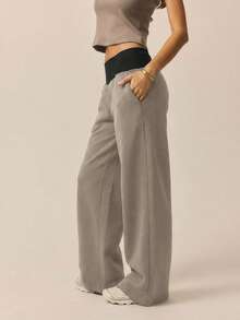 Aralina Contrast Ribbed Wide Waistband And Wide Leg Baggy Track Pants - Dark Grey - View 6