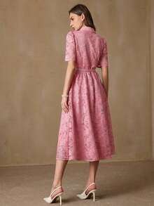 Aveloria Rosie Elegant & Graceful Women's Minimalist Chic Date Luxury Exquisite Lace Fabric Shirt Collar With Belt Waist Slimming A-Line Button Front Short Sleeve Midi Dress - Pink - View 7