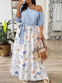 Weeklong Đầm trễ vai phối màu dành cho nữ cỡ lớn với họa tiết hoa ghép mảnh. - Nhiều màu - Xem 3