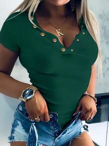 EMERY ROSE Sexy Fitted Metal Button Ribbed Casual Short Sleeve T-Shirt For Women - Dark Green - View 3