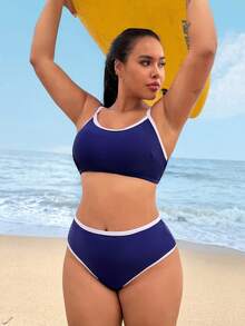 Swim SPRTY Conjunto de bikini de 2 piezas para mujer de talla grande, con recorte de contraste, para verano y vacaciones en la playa, bikini de cintura alta 2026 - Azul y blanco - Ver 1