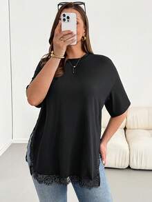 Shapeblank 大码女装春夏时尚休闲宽松舒适日常百搭显瘦蕾丝边黑色短袖T恤，夏季穿搭，简约风格，超大款上衣，欧洲夏季 - 黑色 - 查看 5