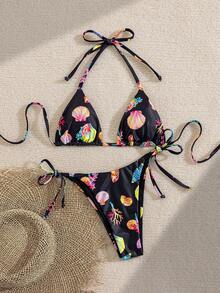 Bonvoyette Swim Vcay 新款奢华优雅两件套白色钩编蕾丝和焦糖/棕色三角比基尼，女士款，挂脖式泳衣上装饰有木珠，性感高衩丁字裤泳装，适合夏季海滩泳池度假，复古Y2K辣妹风泳装，音乐节、热带海岸早午餐、海岛度假及摩登氛围。 - 彩色 - 查看 6